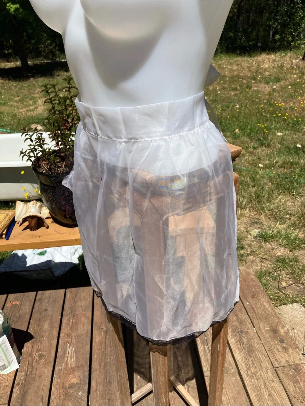 Vintage sheer apron with black and red lace pocket